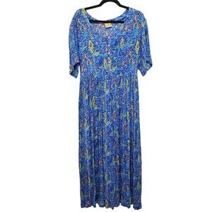 Done Down Under Print Crepe Maxi Dress Blue Size L Short Sleeve Pull Over Belted